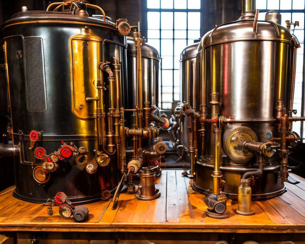 Vintage Brass and Copper Distillation Units with Gauges and Pipes on Wooden Floor in Dimly Lit Room