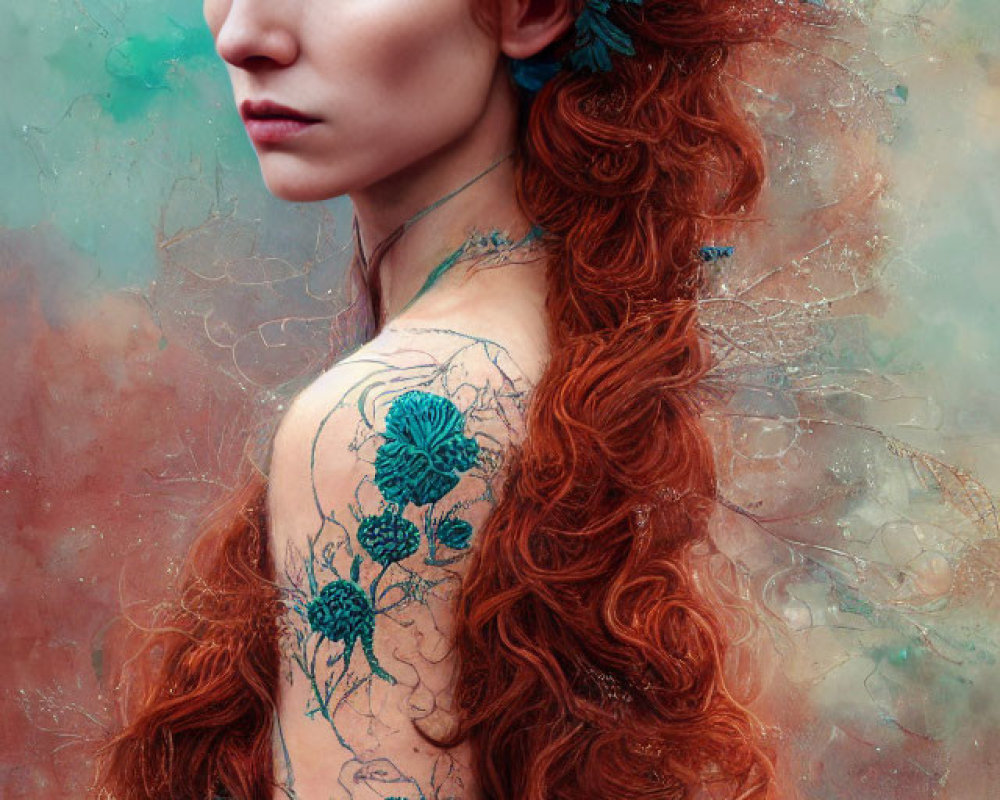 Red-haired woman with floral tattoos and headpiece in dreamy setting