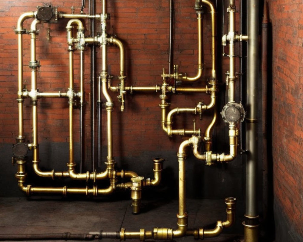 Brass pipes, valves, and pressure gauges on brick wall