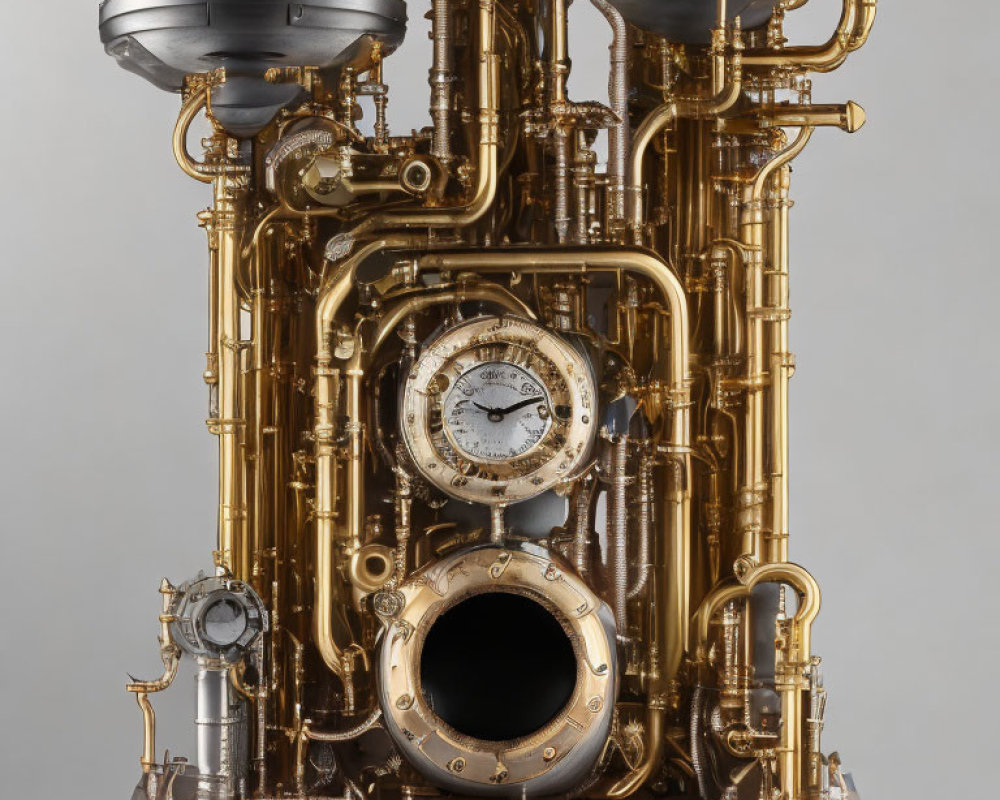 Brass steampunk apparatus with pipes, gauges, and valves