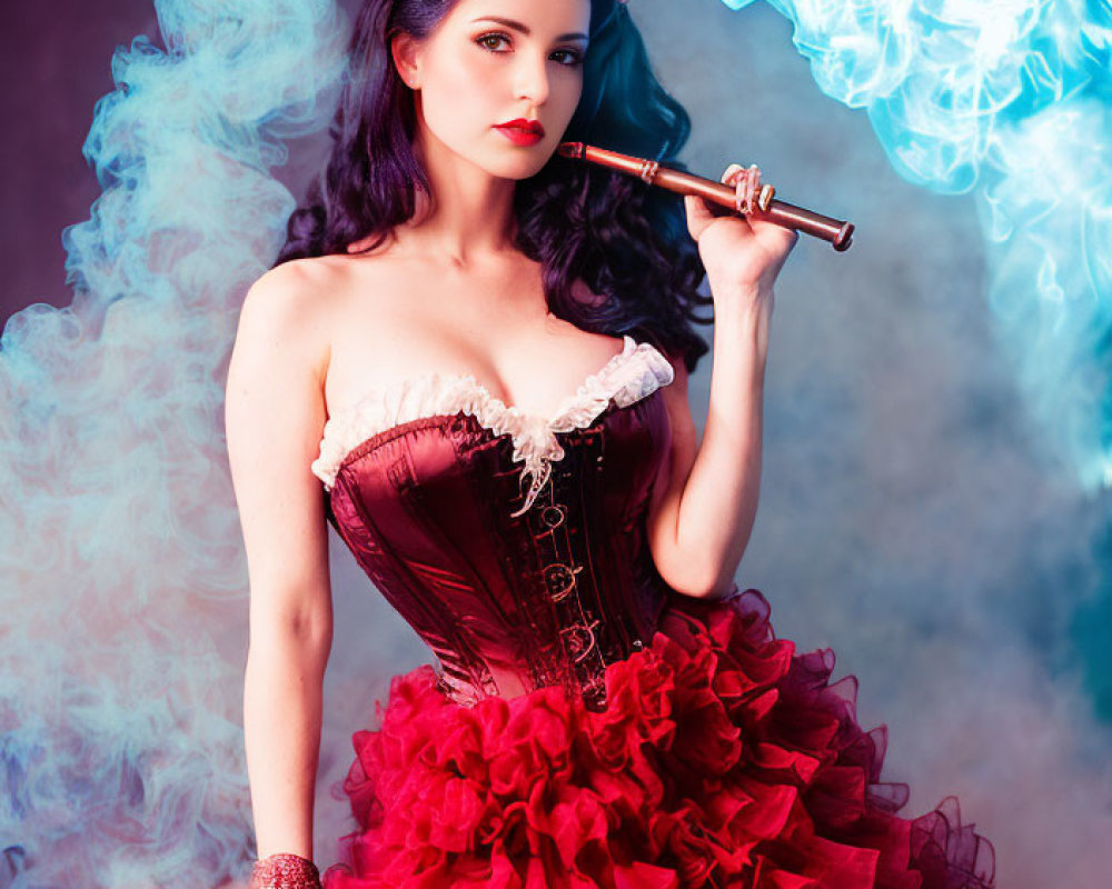Woman in red ruffled dress with cigarette holder in atmospheric setting