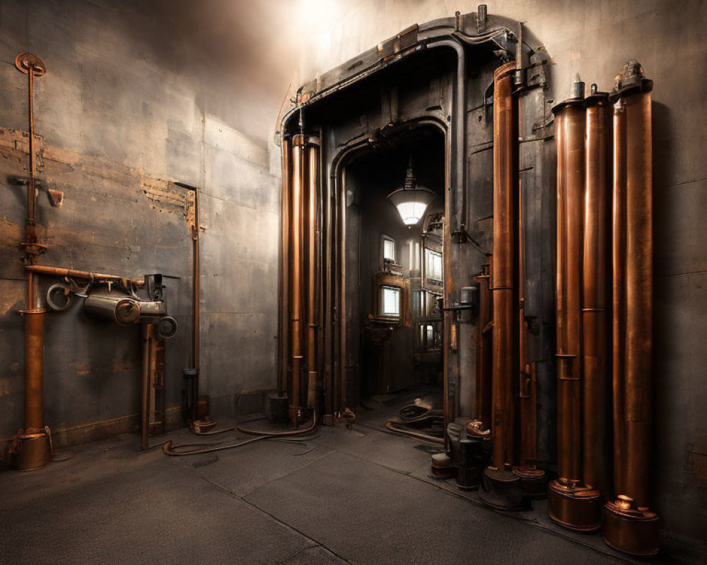 Industrial room with arched metal door, copper pipes, and hanging lamp.