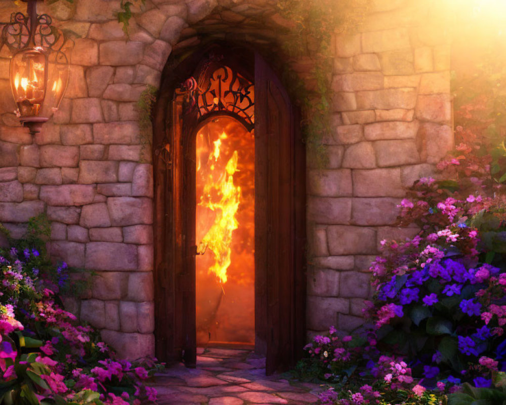 Wooden door ajar in stone archway with fiery glow, surrounded by purple and pink flowers.