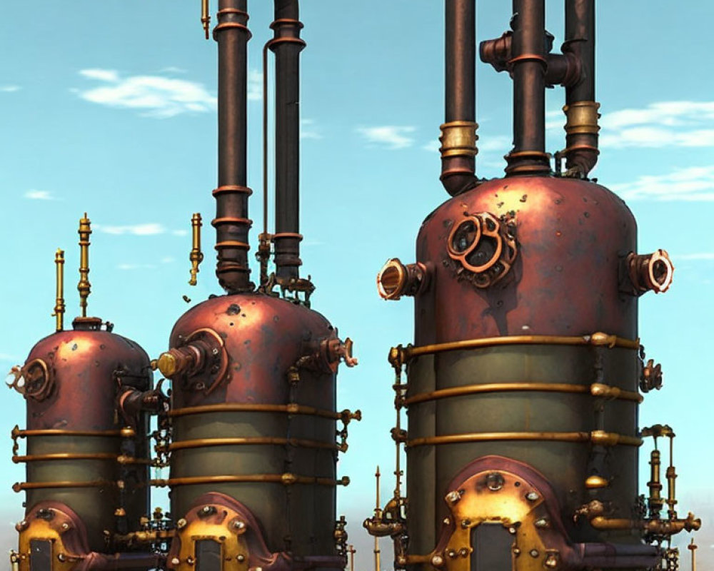 Rusted Steampunk-Style Industrial Towers in Clear Sky