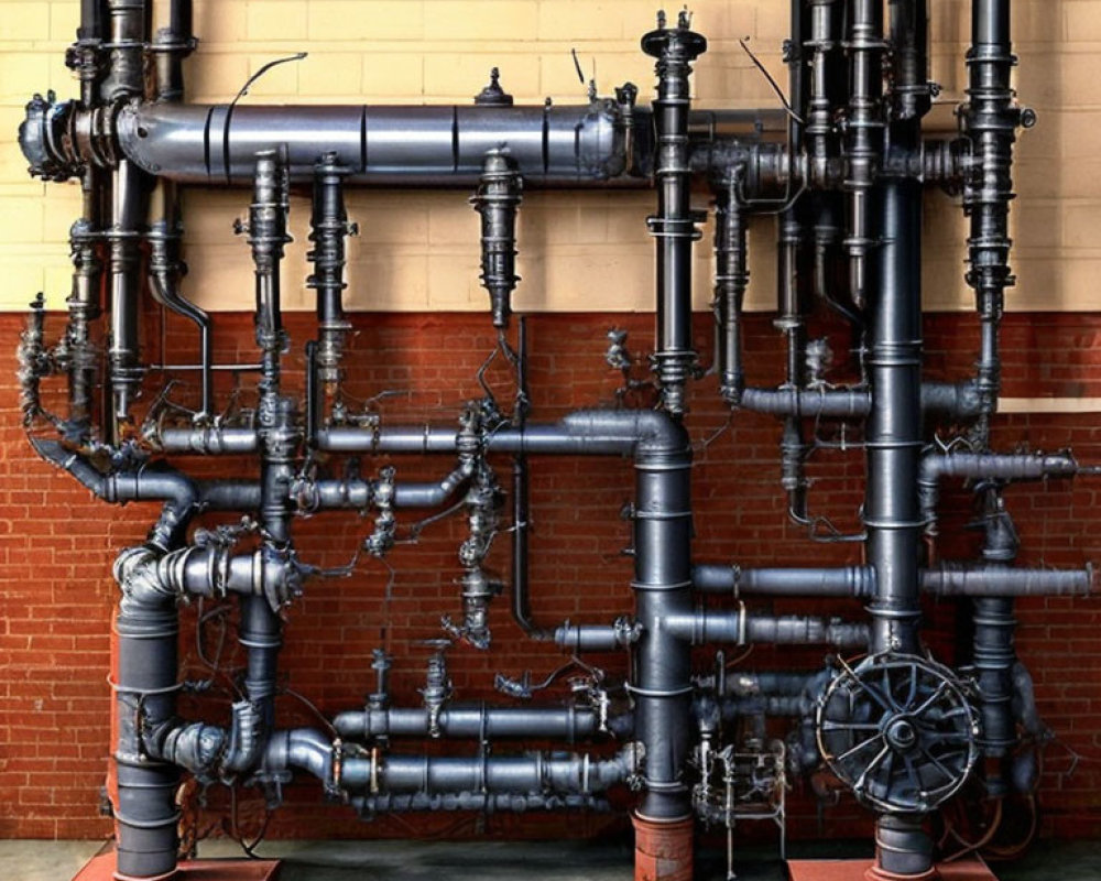 Interconnected black industrial pipes on brick wall