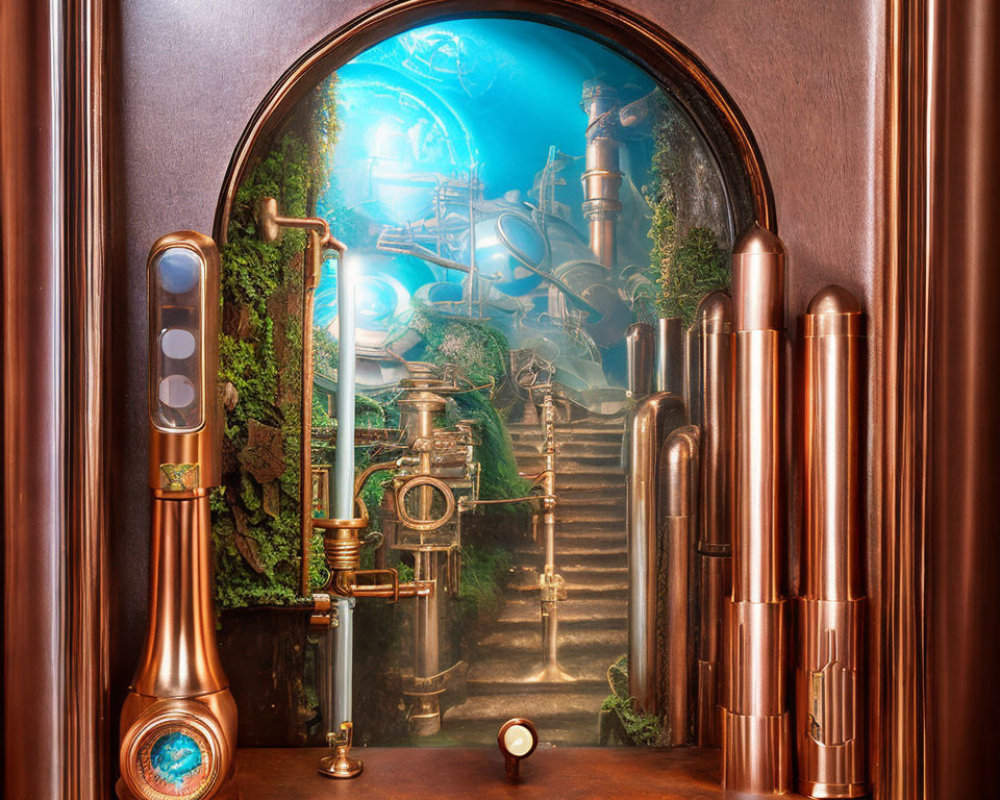 Steampunk arched doorway with copper piping and glowing blue tube, leading to lush greenery and