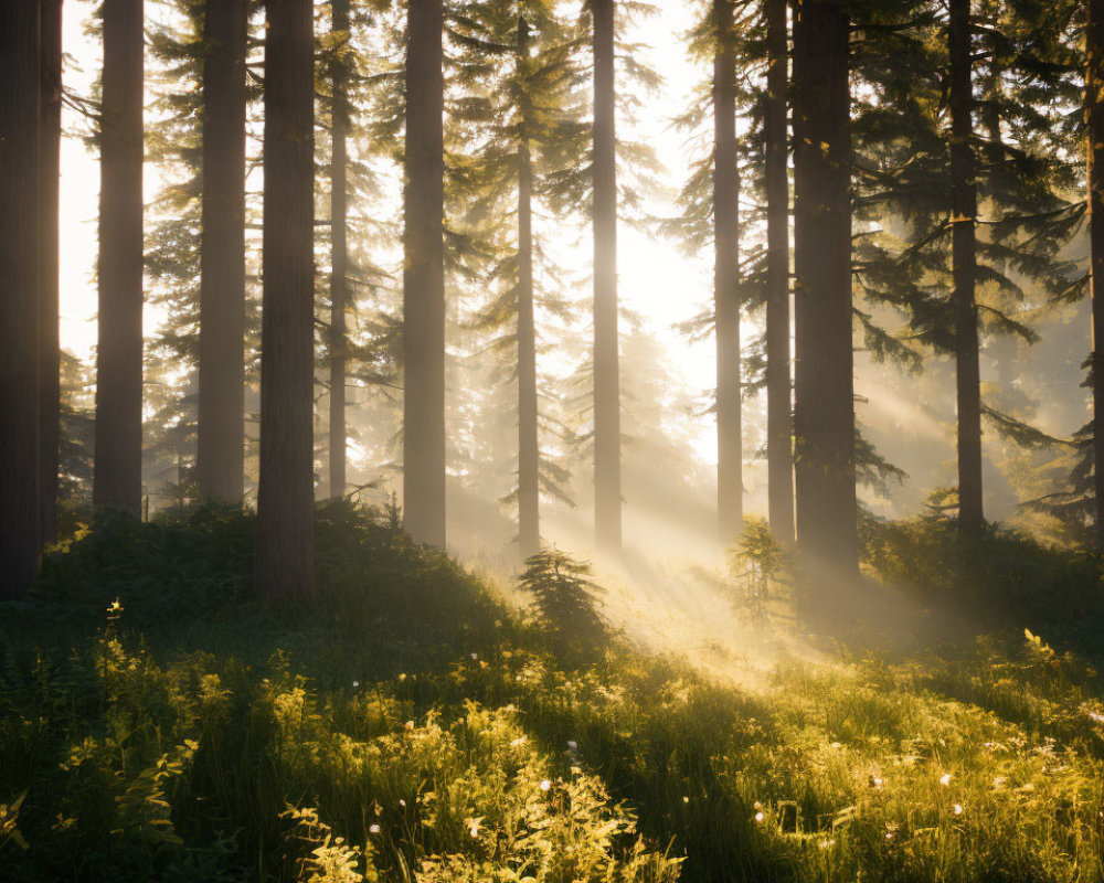 Sunlight filters through dense forest, casting rays on tall trees and lush undergrowth.