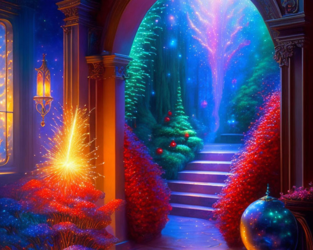 Enchanting image of magical staircase in starlit forest