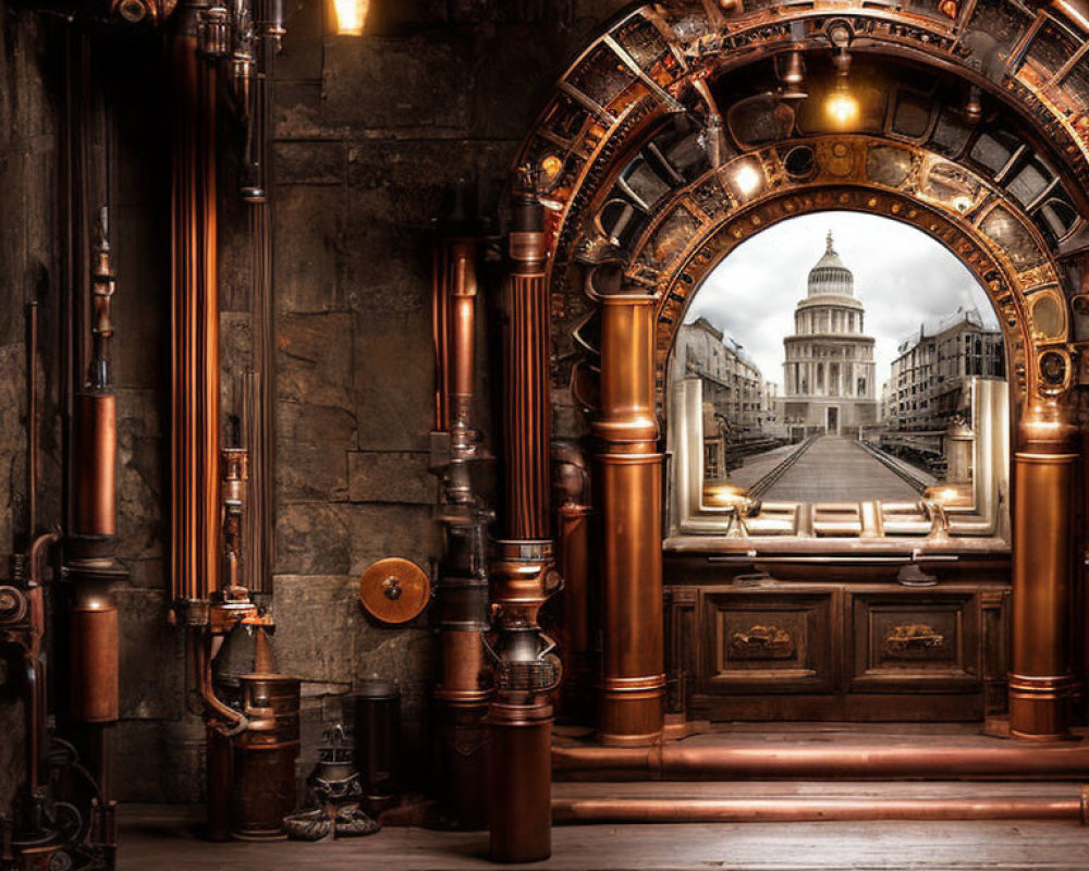 Steampunk portal with copper pipes and Victorian details overlooking United States Capitol Building