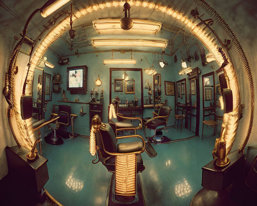 Classic Vintage Barbershop Interior: Chairs, Mirrors, Warm Lighting