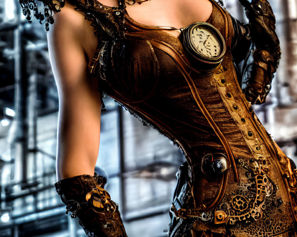 Elaborate steampunk outfit with integrated gears and clock