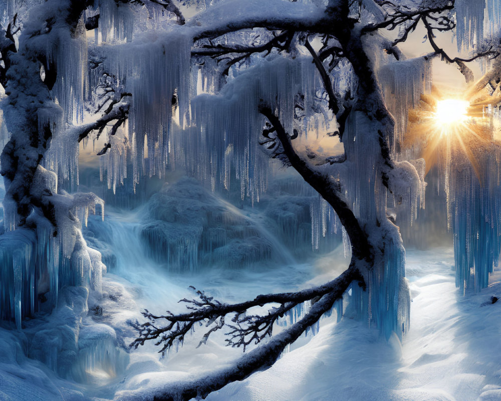 Sunlit Winter Wonderland: Icy Trees and Frozen Terrain