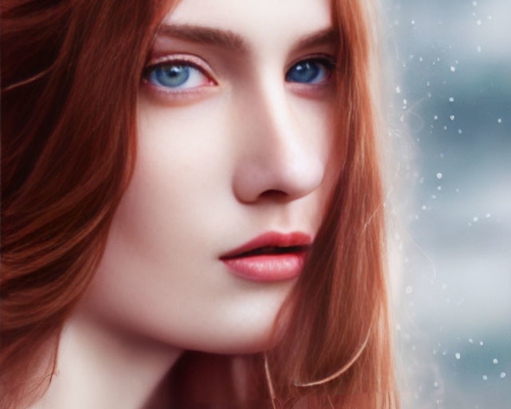 Portrait of Woman with Blue Eyes and Red Hair in Snowy Setting