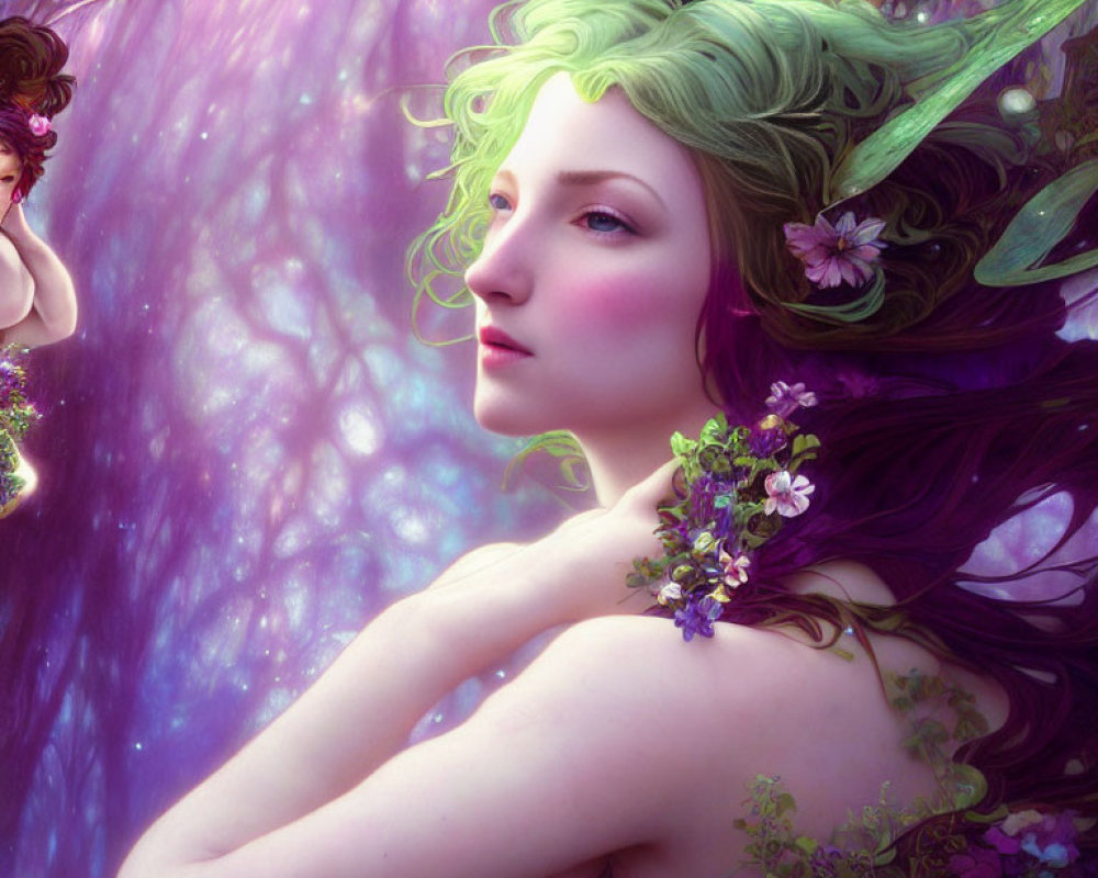 Fantasy Image of Woman with Green Hair in Purple Forest