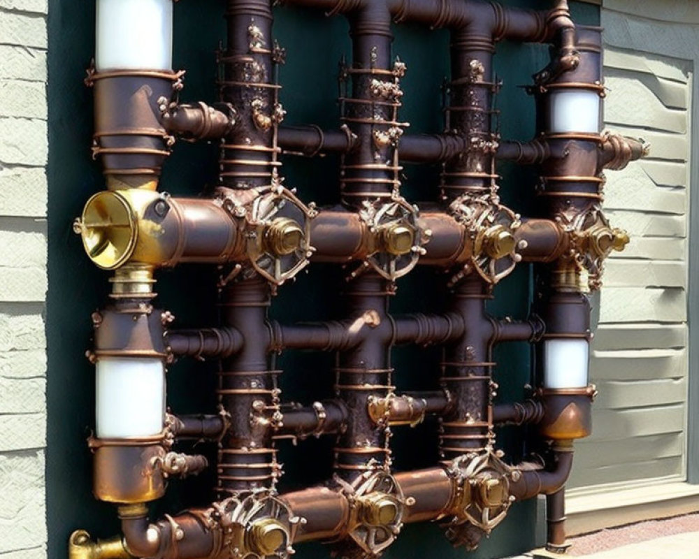 Brown and Gold-Toned Pipes with Valves and White Lamps on Building Wall