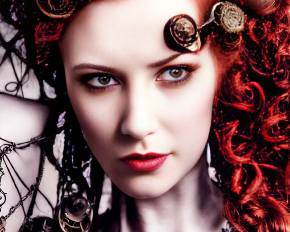 Vivid red-haired woman with steampunk-style accessories and bold gaze