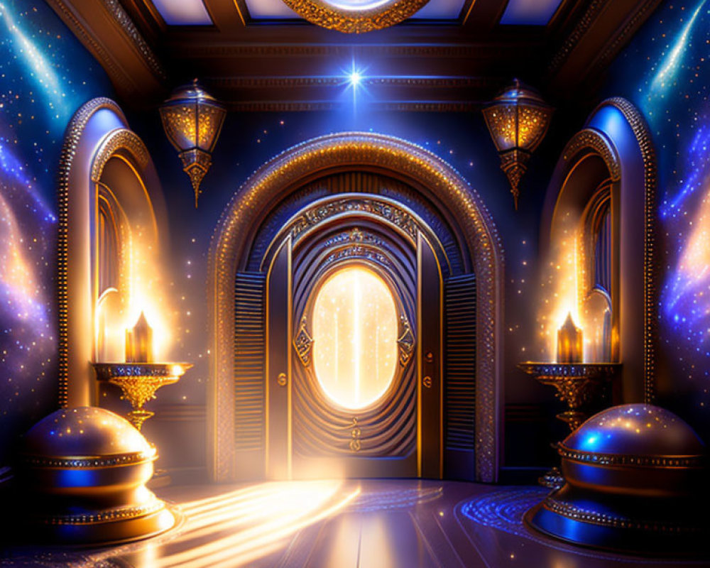 Mystical room with starry night sky motif, glowing orbs, golden doors, and warm wall