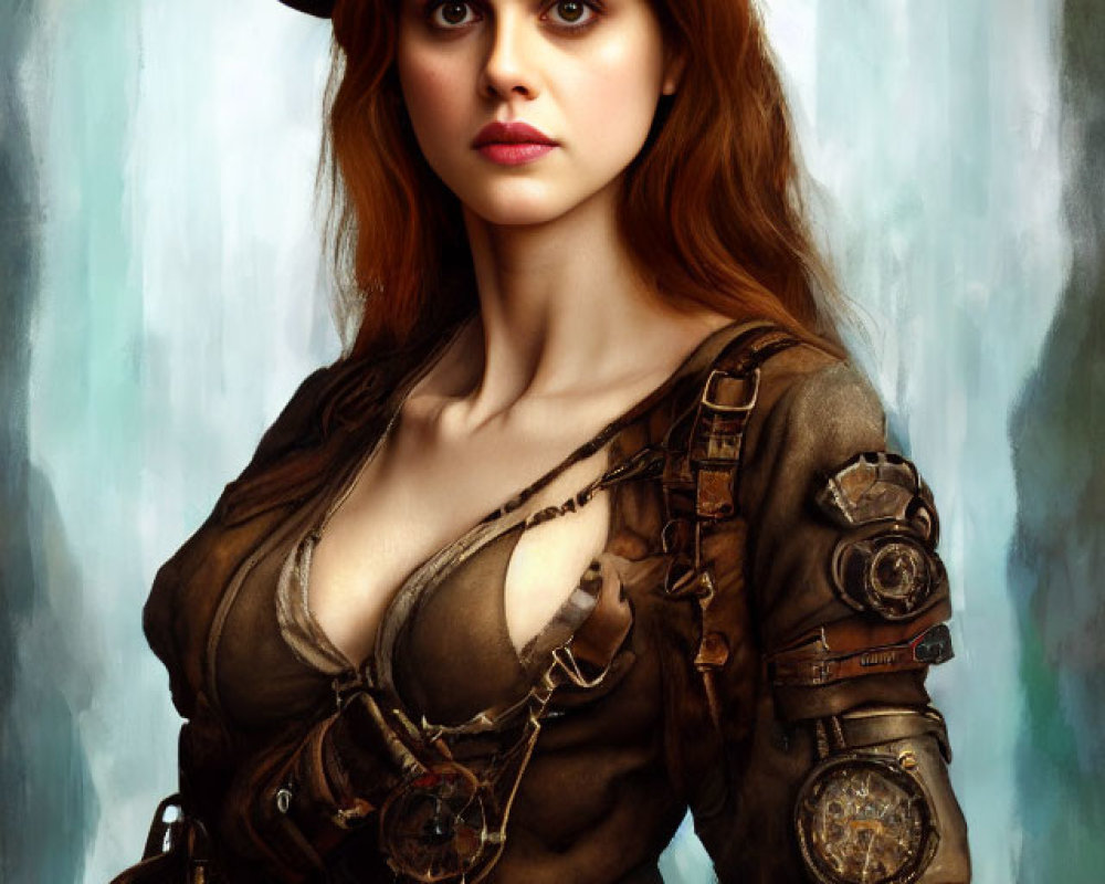 Steampunk-themed digital art of a woman in leather corset and hat