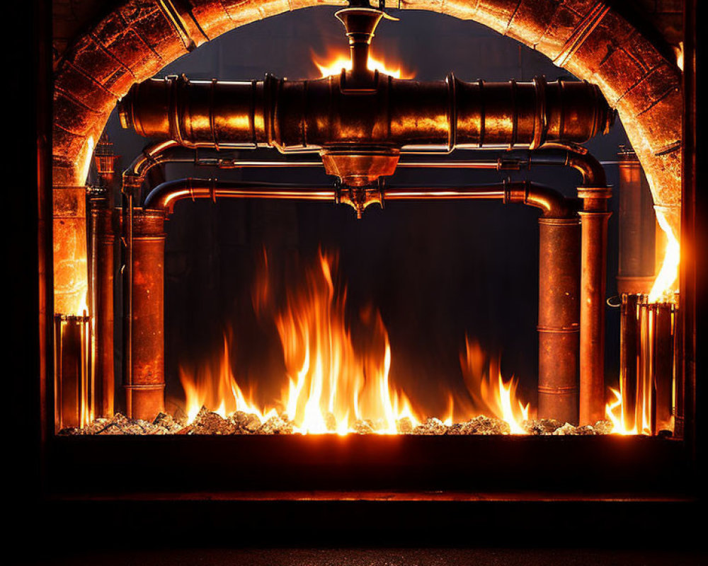 Metal pipe industrial fireplace with fierce fire against dark brick background