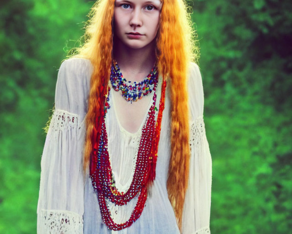 Young woman with bright orange hair in bohemian attire against green backdrop