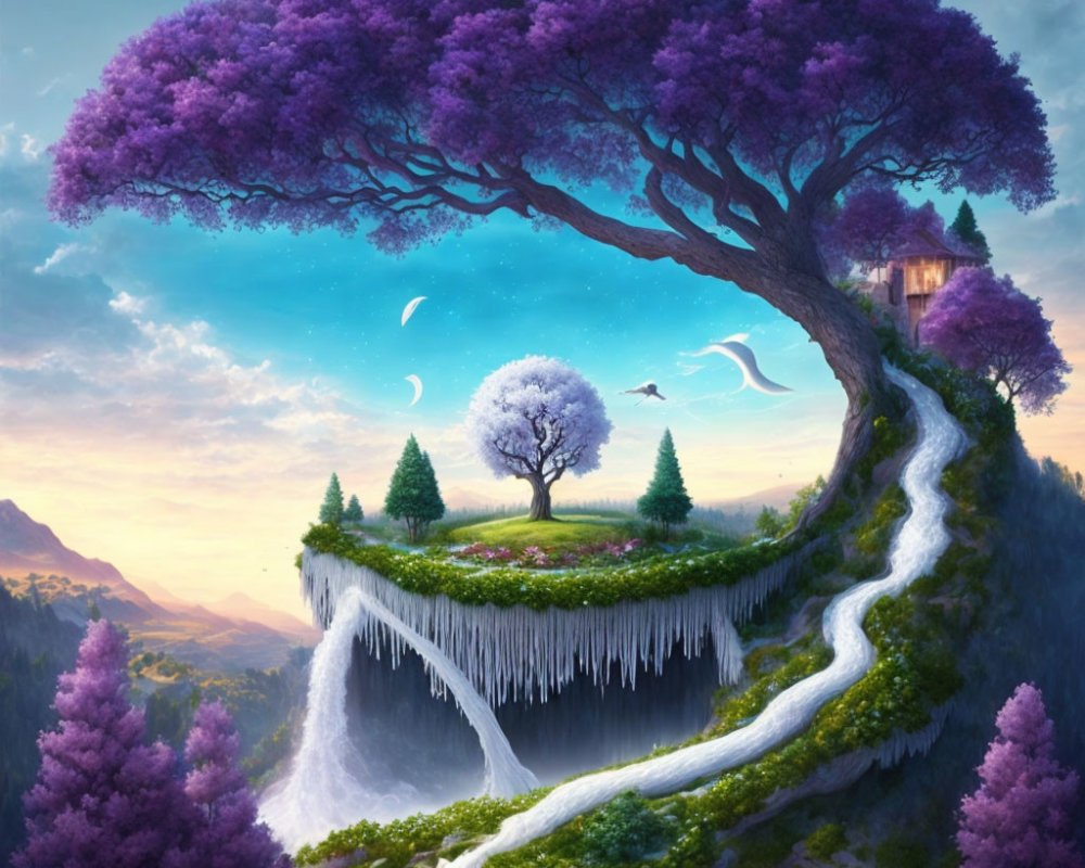 Fantastical landscape with purple trees, floating island waterfall, and small house