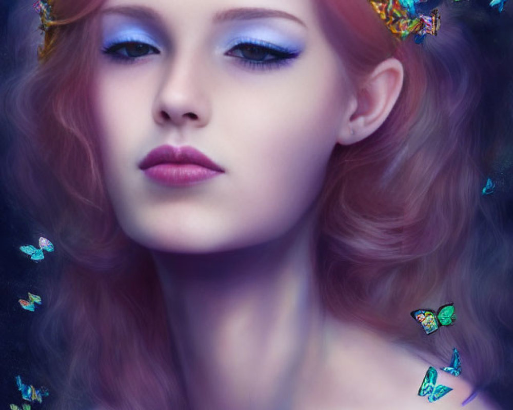 Portrait of Woman with Pink Hair and Butterfly Crown in Mystical Setting
