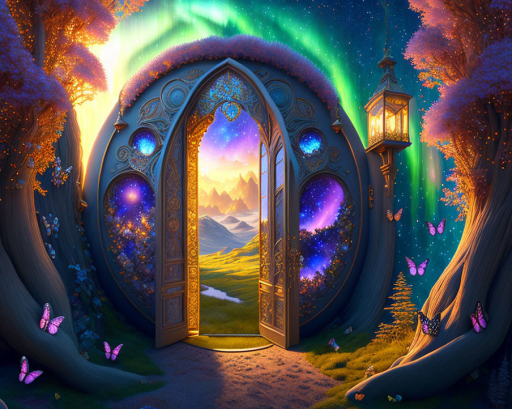 Mystical forest scene with ornate open door and glowing trees