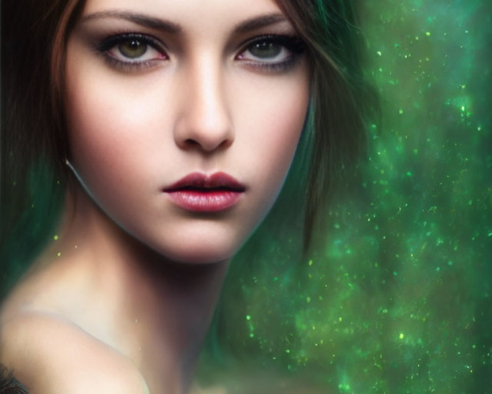 Brown-haired woman with intense gaze in digital artwork against soft green celestial lights