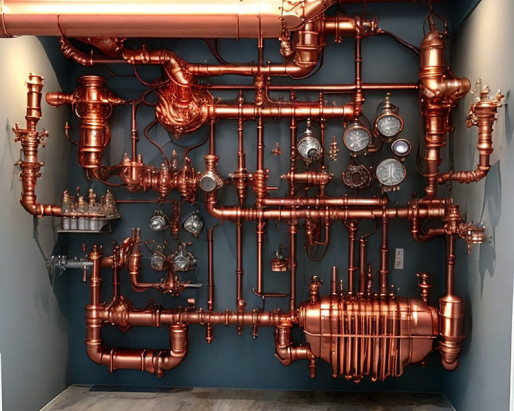 Polished Copper Pipes and Fittings with Gauges and Valves