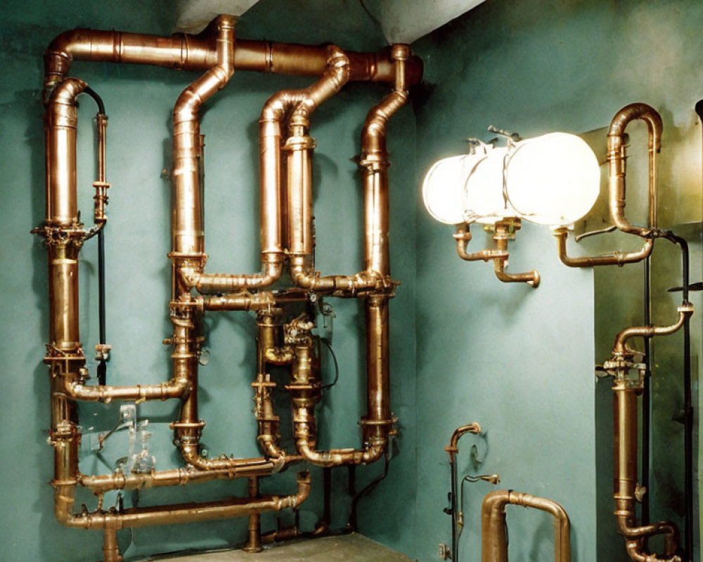 Teal Room with Polished Copper Pipes and Valves