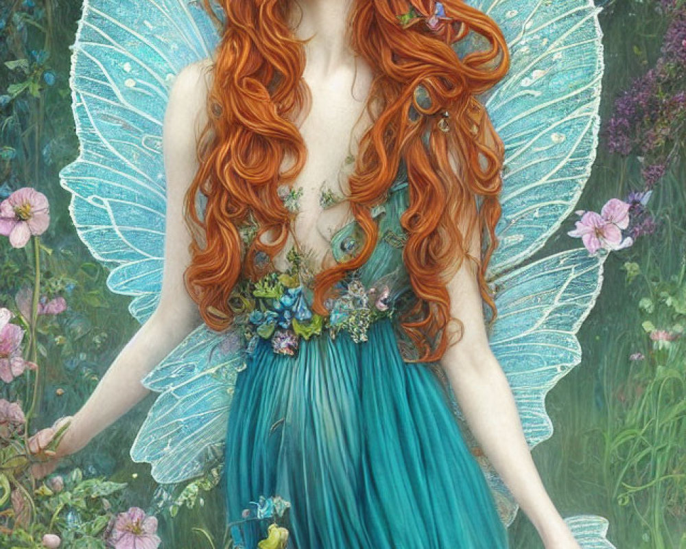 Fantasy artwork: Woman with red hair, floral crown, teal dress, dragonfly wings, lush