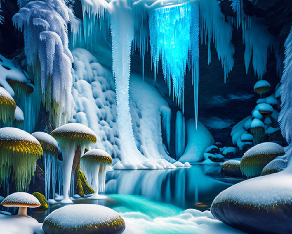 Surreal wintry landscape with glowing blue icicles and oversized mushrooms