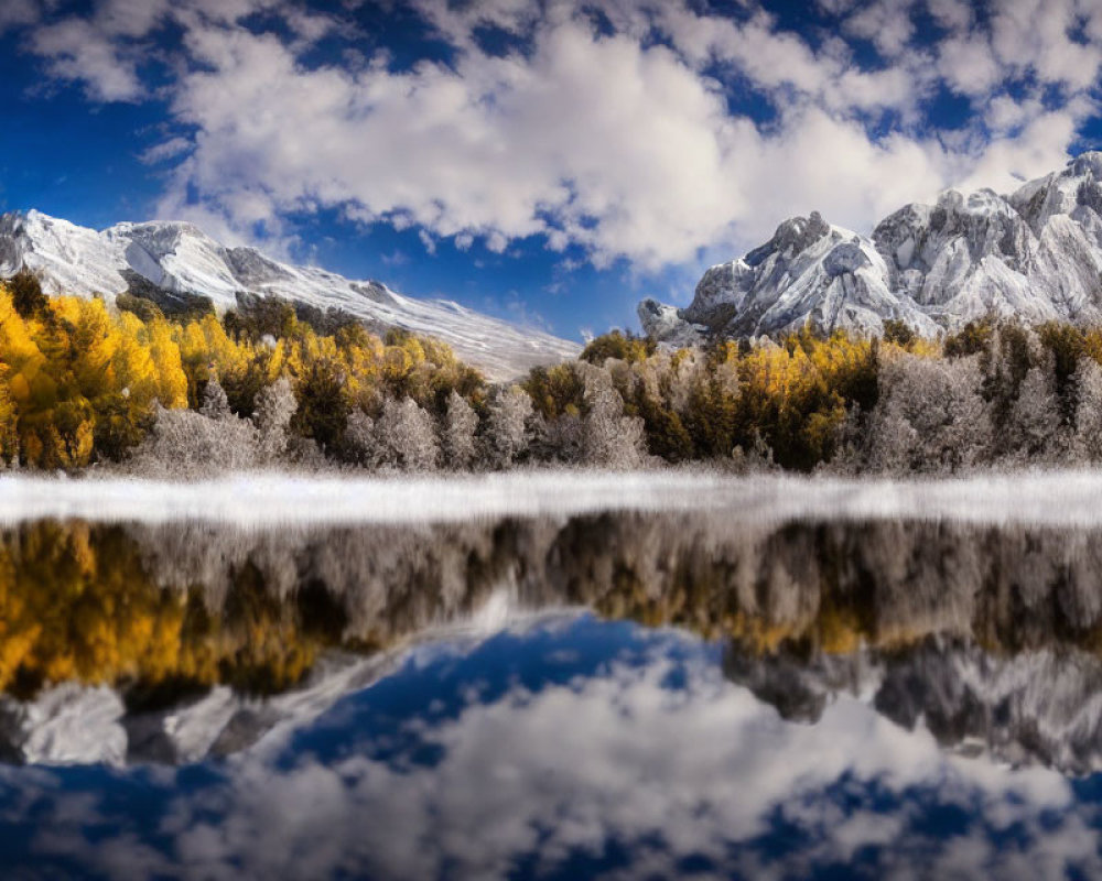Tranquil mountain landscape with fall foliage, calm lake, snow-dusted trees, and cloudy sky