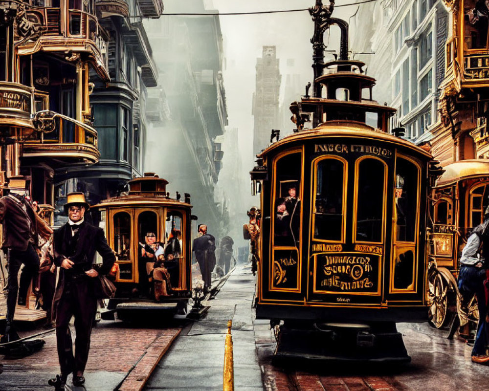 Vintage Street Scene: Cable Cars, Period Attire, and Foggy Backdrop