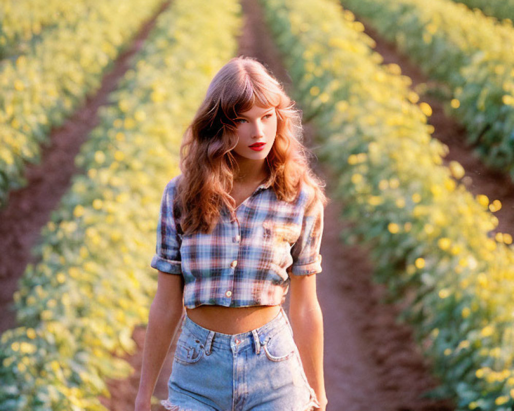Woman in Plaid Top and Denim Shorts Surrounded by Flower Fields