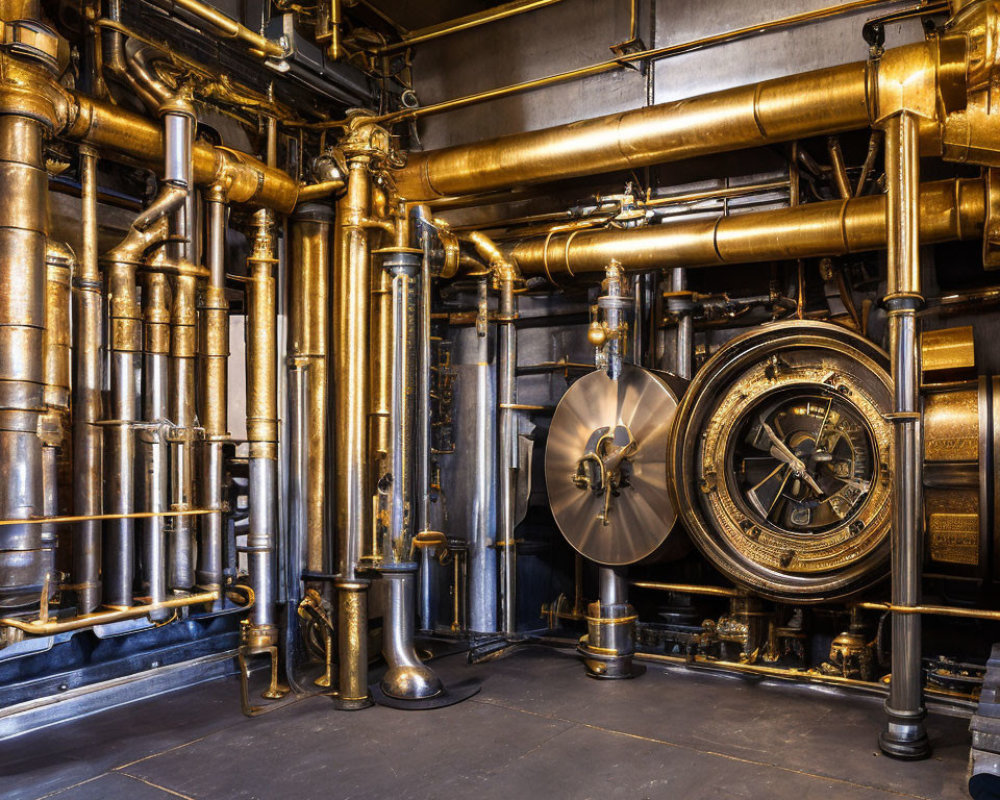 Polished brass pipes and valves with ship engine room aesthetic, large pressure gauge and propeller