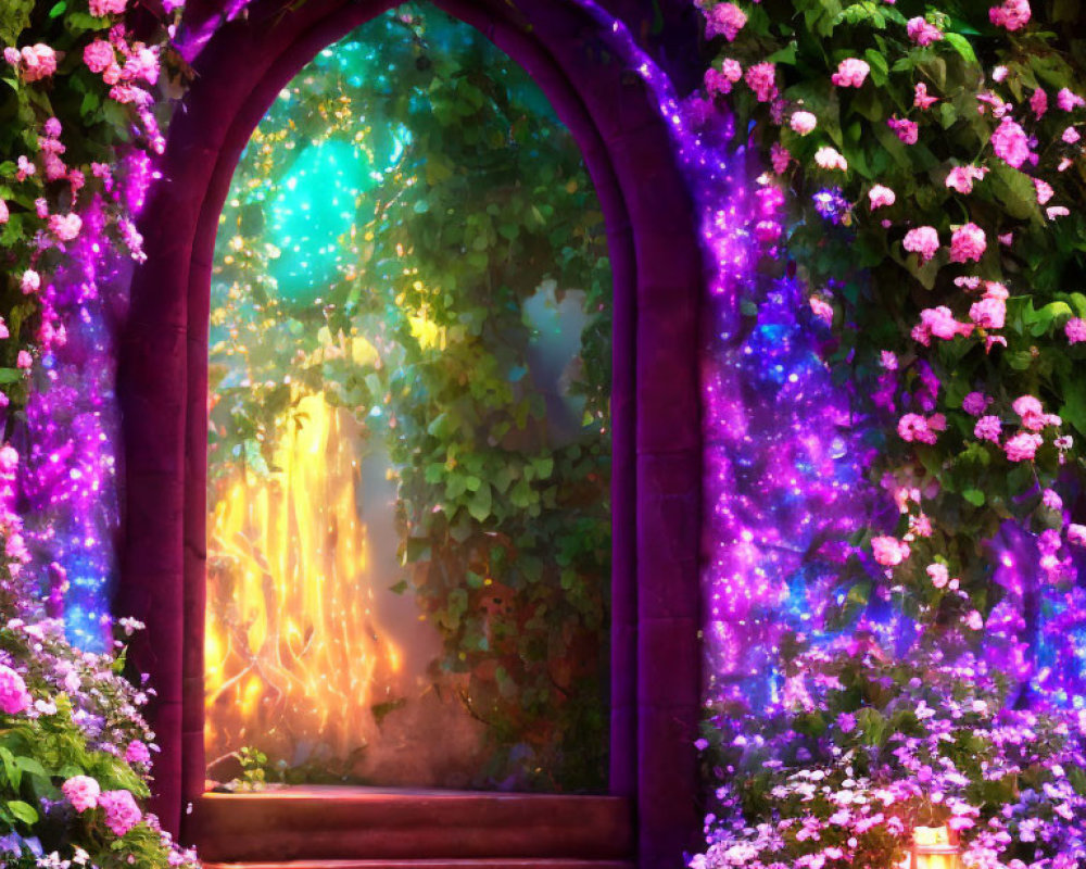 Stone archway adorned with pink and purple flowers in a mystical forest landscape