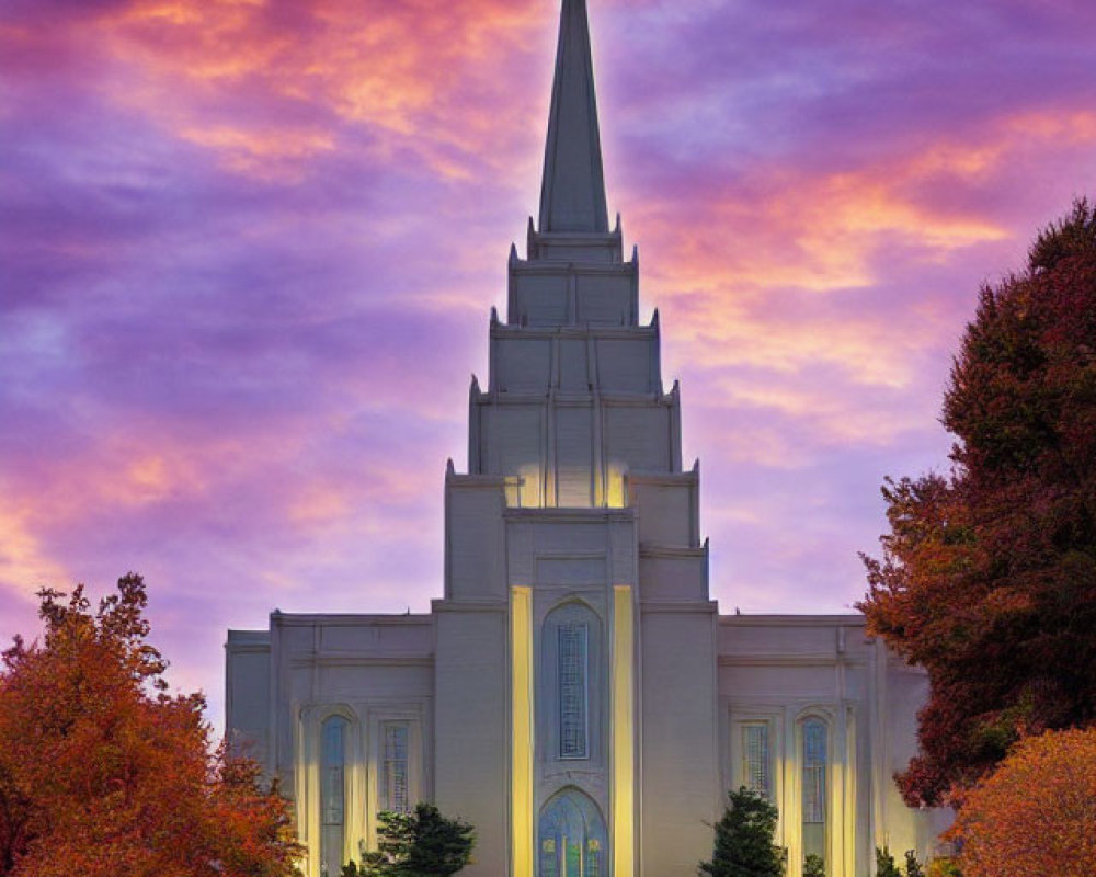Majestic temple with tall spire in vibrant sunset setting