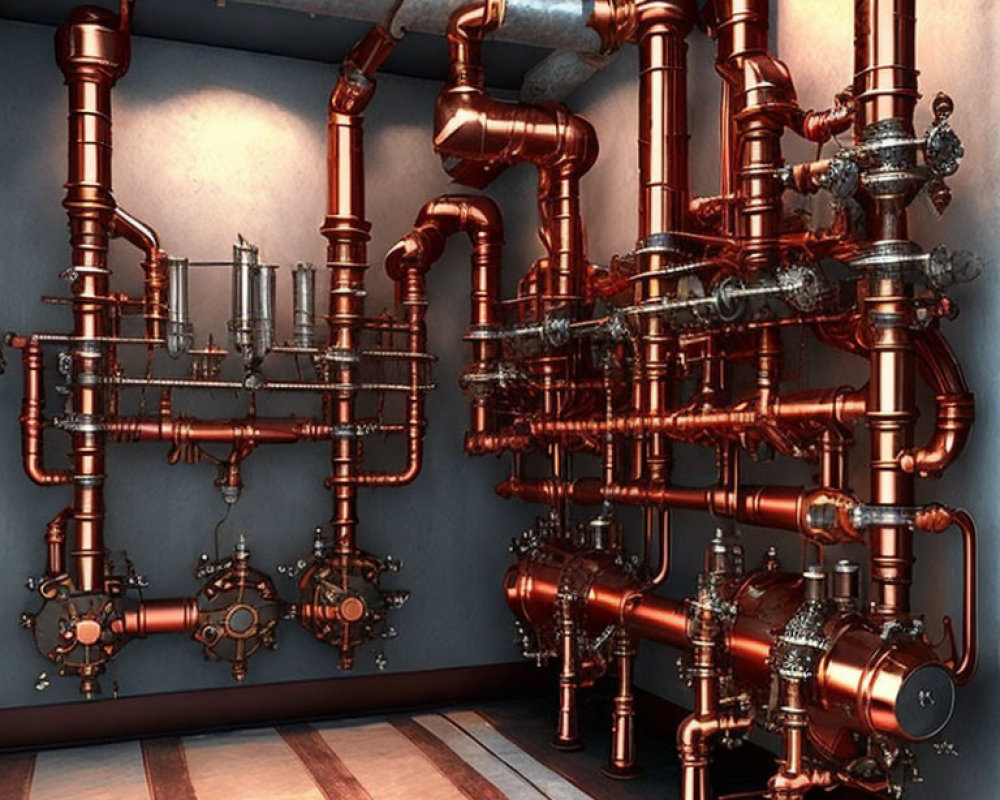 Shiny Copper Pipes with Valves and Gauges on Dark Wall