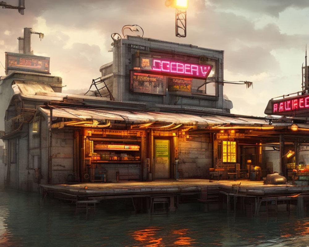 Industrial-style waterside marketplace at dusk with neon signs and makeshift stalls.