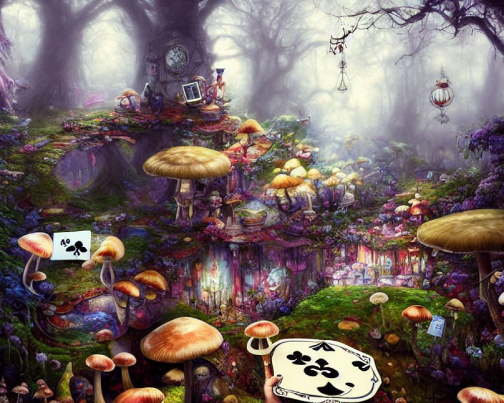 Whimsical forest scene with oversized mushrooms and floating cards