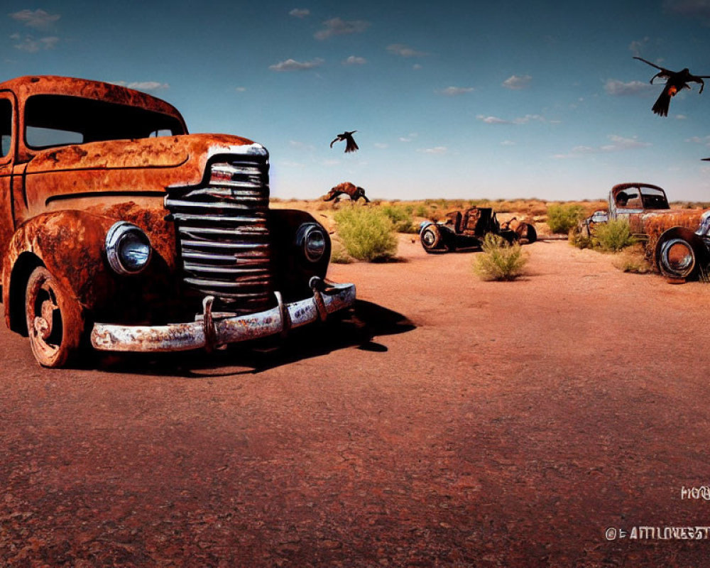 Abandoned rusty truck and car on deserted road with barren landscape and flying crows