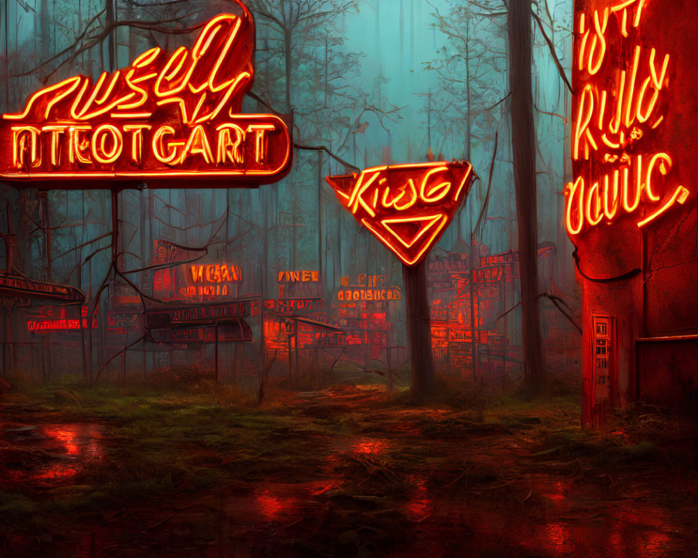 Neon-lit forest scene with glowing signs and wet path