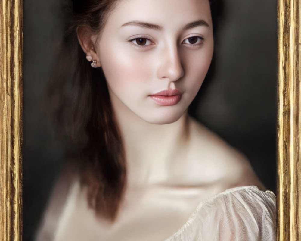 Young woman portrait in golden frame, soft features and calm expression.