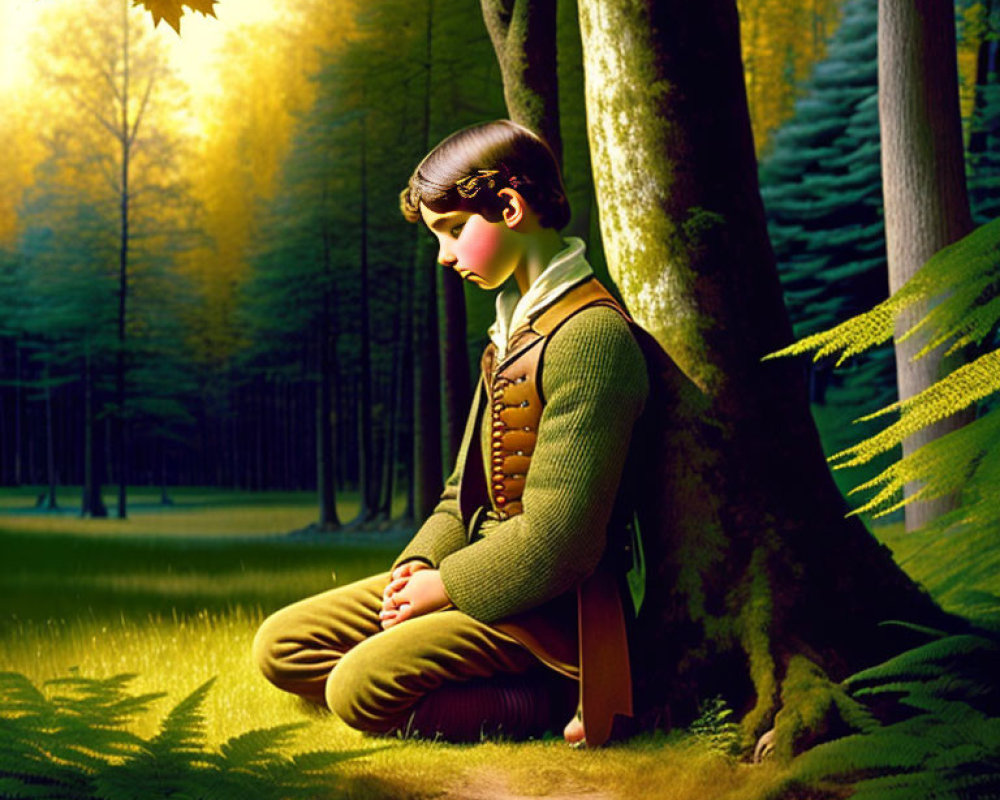 Vibrant forest scene: young person with blindfold under tree