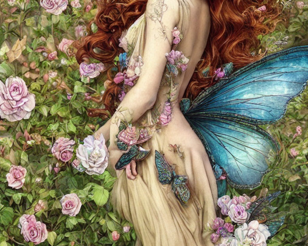 Red-haired fairy with intricate wings among roses in digital art.