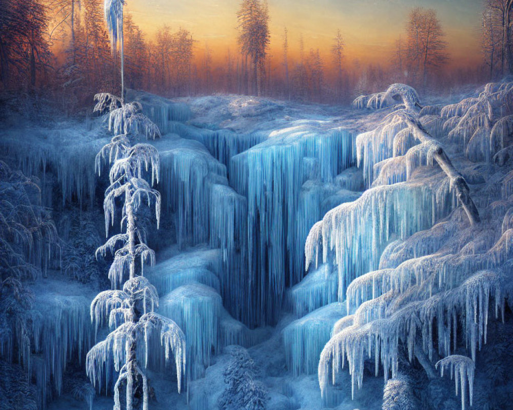 Frozen Dusk Scene: Ice-covered trees, frozen waterfall, misty forest glow