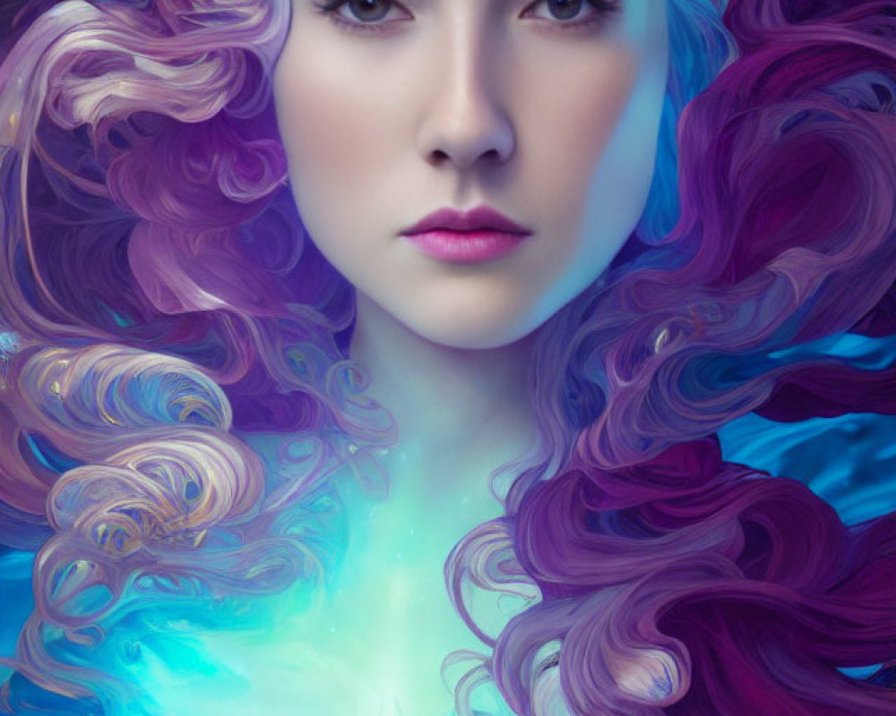 Fantasy portrait of woman with purple hair and ornate crown holding glowing figure