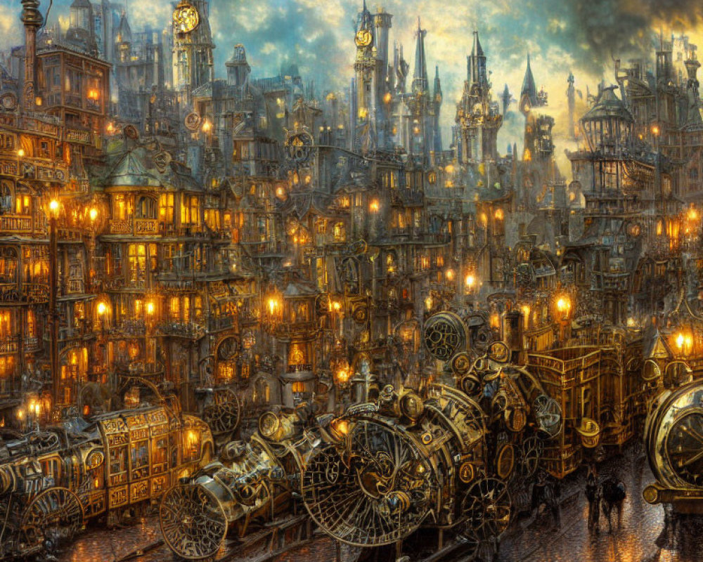 Detailed steampunk cityscape with golden lights, ornate buildings, cogs, gears, and