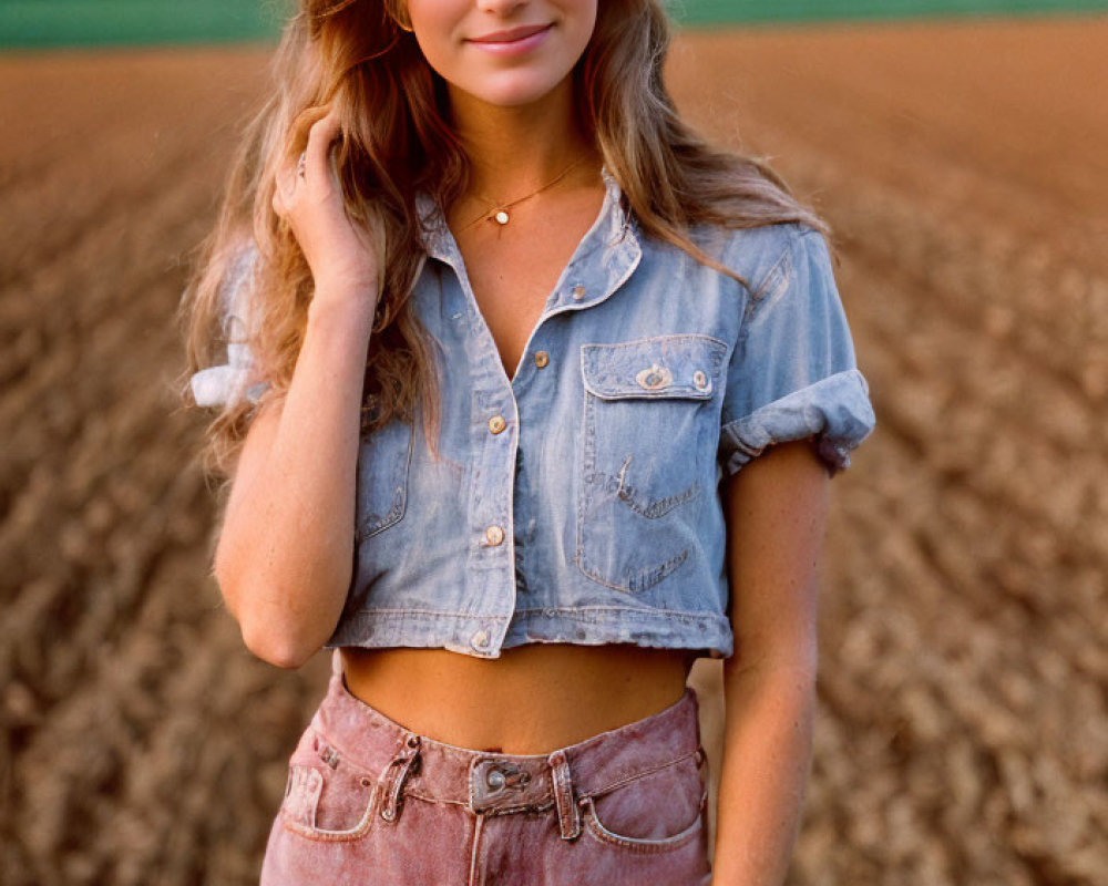 Young woman in denim crop top and pink shorts smiling in field with trees.